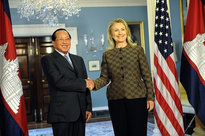 U.S. Secretary of State Hillary Rodham Clinton meets with Deputy Prime Minister and Foreign Minister Hor Namhong of Cambodia at the Department of State in Washington, D.C. on June 12, 2012. [State Department photo/ Public Domain]