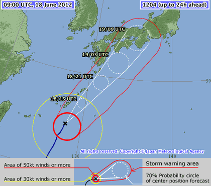 Projected path of Typhoon Guchol as of 0900 UTC, June 18, 2012. Image courtesy of the Japan Meteorological Agency.