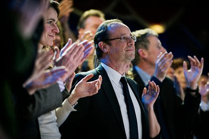 FRANCE'S NEXT PRESIDENT? Francois Hollande (center) at a rally at the Cirque d'Hiver in Paris, March 18, 2012. Photo courtesy of the Francois Hollande campaign website.