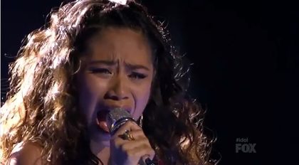YOU'RE GONNA LOVE HER. 'American Idol' finalist Jessica Sanchez sings "And I Am Telling You I'm Not Going" during the Top 4 episode of the hit show, May 9, 2012. Screengrab from the FOX telecast.
