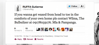 Celebrity Ruffa Gutierrez tweeted about Wilma Cruz, the Bulbulizer, who waxes pubic hair for a living. Dec. 15, 2011. Screenshot by Natashya Gutierrez. 